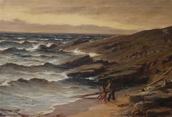 Peter McGregor Wilson, oil on canvas, wrecker on the shore, signed and dated 1890, 51 x 76cm, unframed
